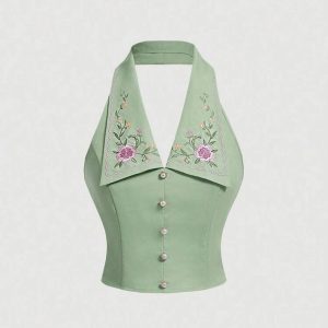 Green Floral Embroidered Shirt | شومیز گلدوزی‌شده یقه هفت
