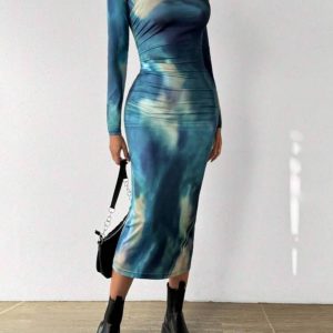 پیراهن ابر و بادی آستین بلند شین | SHEIN Essnce Long Sleeve Dress