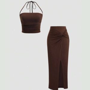 ست کراپ تاپ بندی و دامن چاک‌دار | Sweetra Strapless Twist Top & Skirt Set