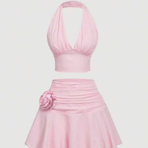 ست صورتی تاپ چین‌دار و دامن کوتاه | SHEIN MOD Ruffled Top & Mini Skirt Set